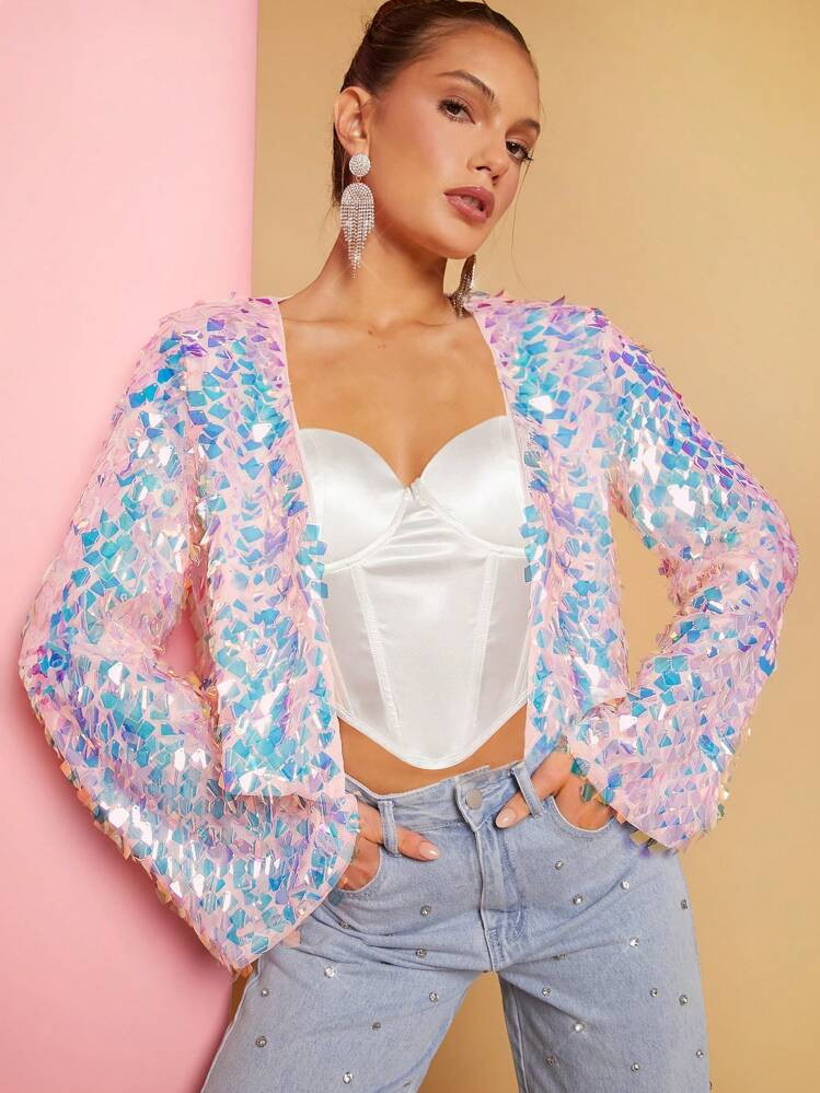 SHEIN Haute Sequin Open Front Flare Sleeve Jacket | SHEIN