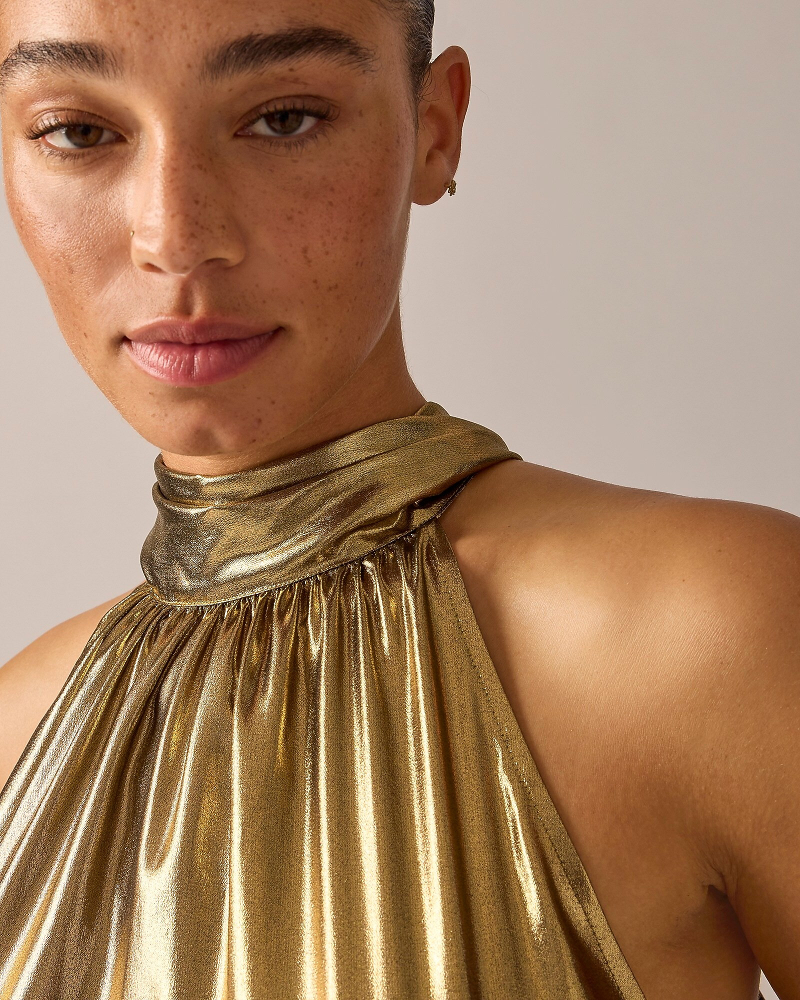 Halter top with necktie in gold lamé | J. Crew US