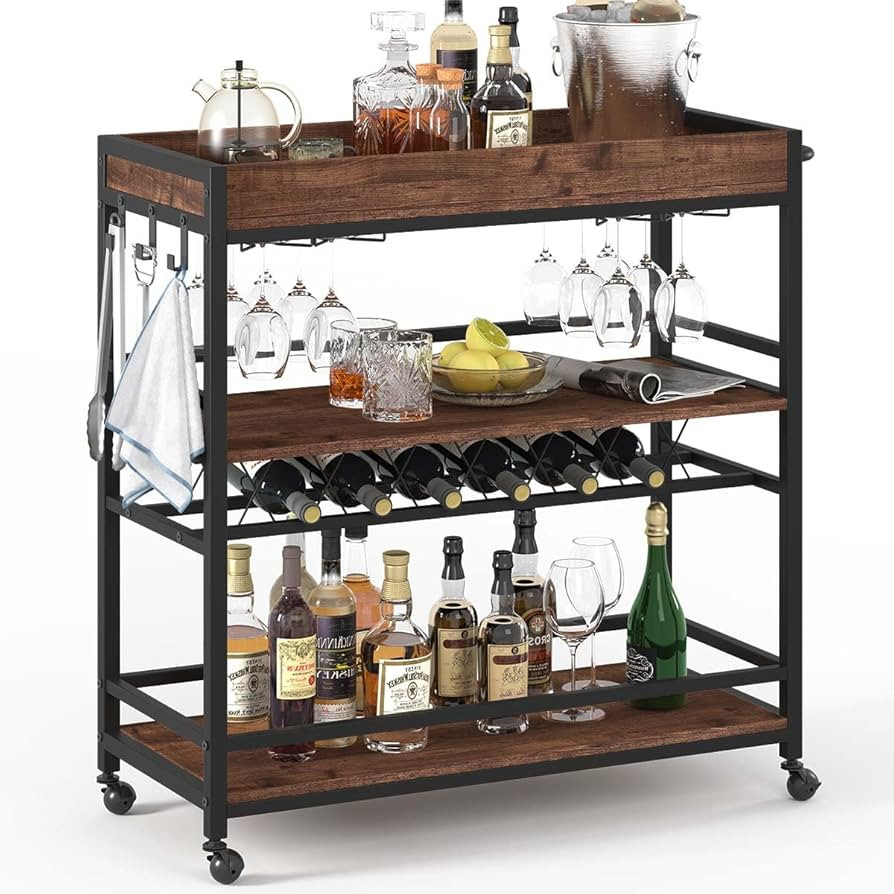 BON AUGURE Bar Cart for The Home, Rolling Home Bar Serving Cart on Wheels, 3 Tier Liquor Beverage... | Amazon (US)