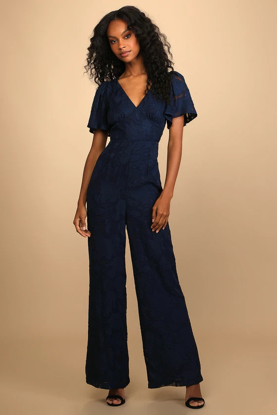 Special Love Navy Blue Floral Burnout Flutter Sleeve Jumpsuit | Lulus (US)