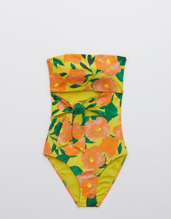 Aerie Printed Wrap Bandeau One Piece Swimsuit | American Eagle Outfitters (US & CA)