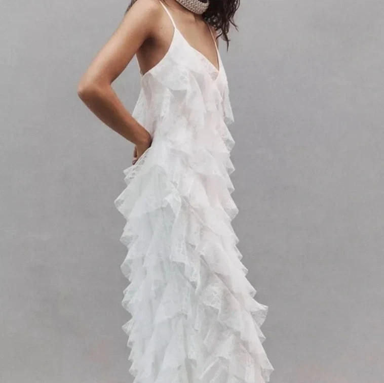 NWT BHLDN by Anthropologie Jia Bias-Cut Lace Ruffled V-Neck Dress in White Sze 0 | eBay US