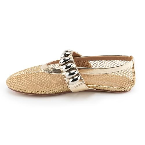 Gradinery Women's Mesh Ballet Flats,Fishnet Ballerina Shoes,Mary Jane Flats with Sliver Metal Casual Comfortable Daily Dress Shoes Wave Metal Gold Size 10 | Amazon (US)