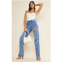 Tall Mid Blue Wash Ripped Split Hem Jeans | PrettyLittleThing US