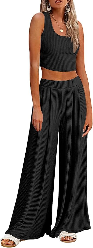 Ekouaer Women's 2 Piece Lounge Sets Ribbed Knit Crop Top Wide Leg Pants with Pockets S-XXL | Amazon (US)