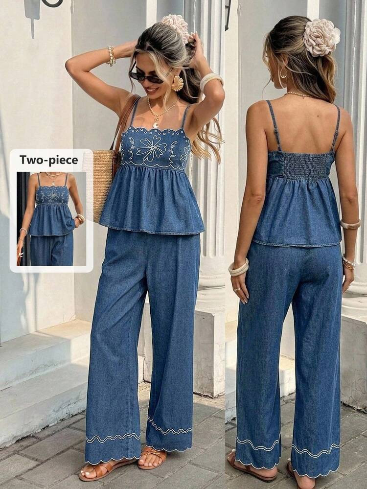 Serisse Women's Embroidered Camisole And Casual Curved Hem Jeans Pants Set Summer Festival Costum... | SHEIN