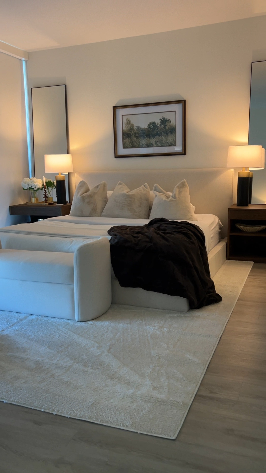 bedroom details 🤍 bed is a king for reference. bed frame is from living spaces “dean sand upholstered panel bed” and we didn’t use the feet to keep the bed low profile!!!