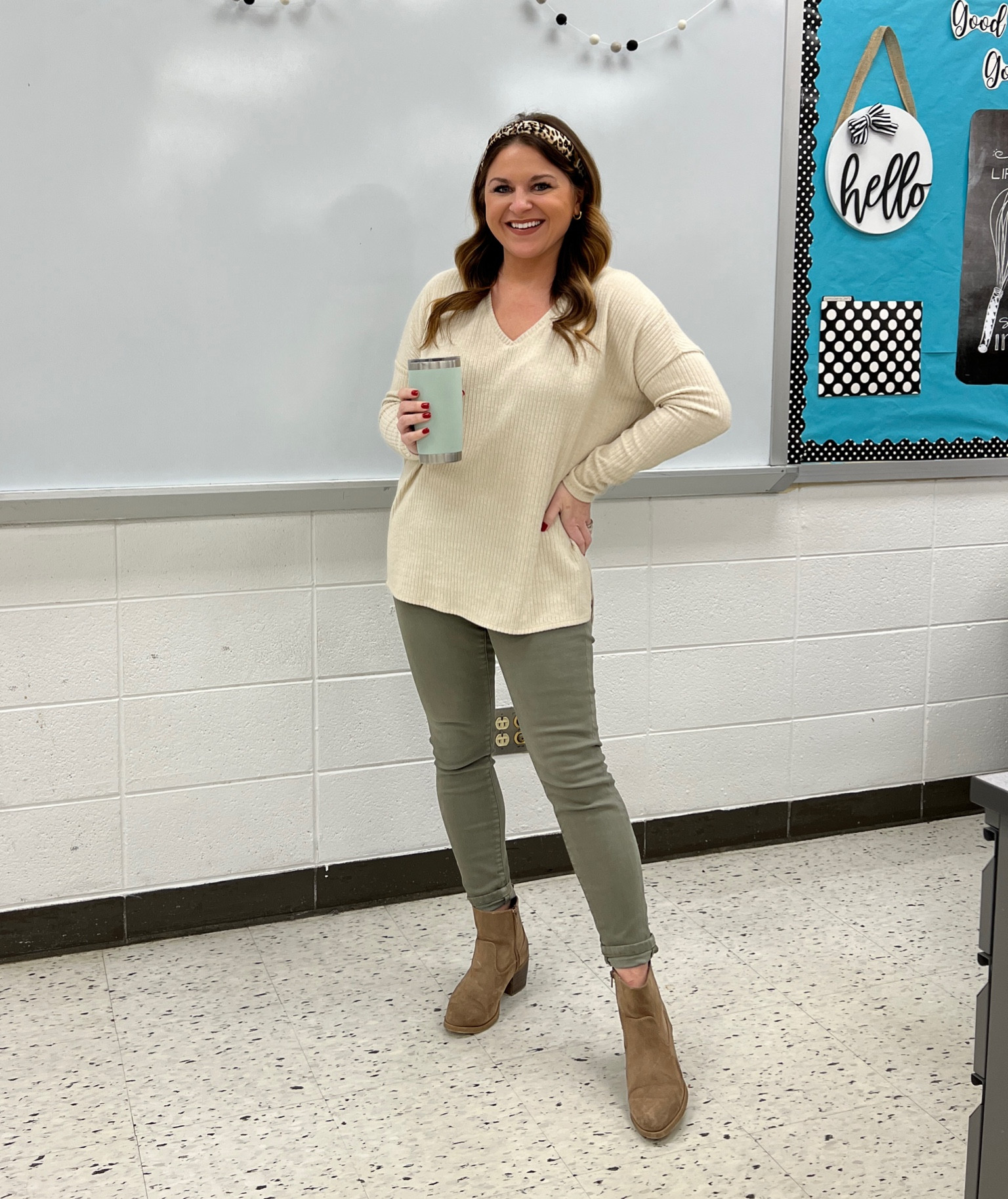 teacher | classroom style | teacher outfit | teacher style | teacher | work style | workwear | business casual | business | office outfit | teacher ootd | teacherfit | ootd | trendteacher | teacher outfits | teacher ootd | teacher outfit ideas  | 
Headband | olive jeans | olive pants | leopard headband | v neck tunic | cream tunic | cream sweater 

#LTKunder50 #LTKworkwear #LTKstyletip