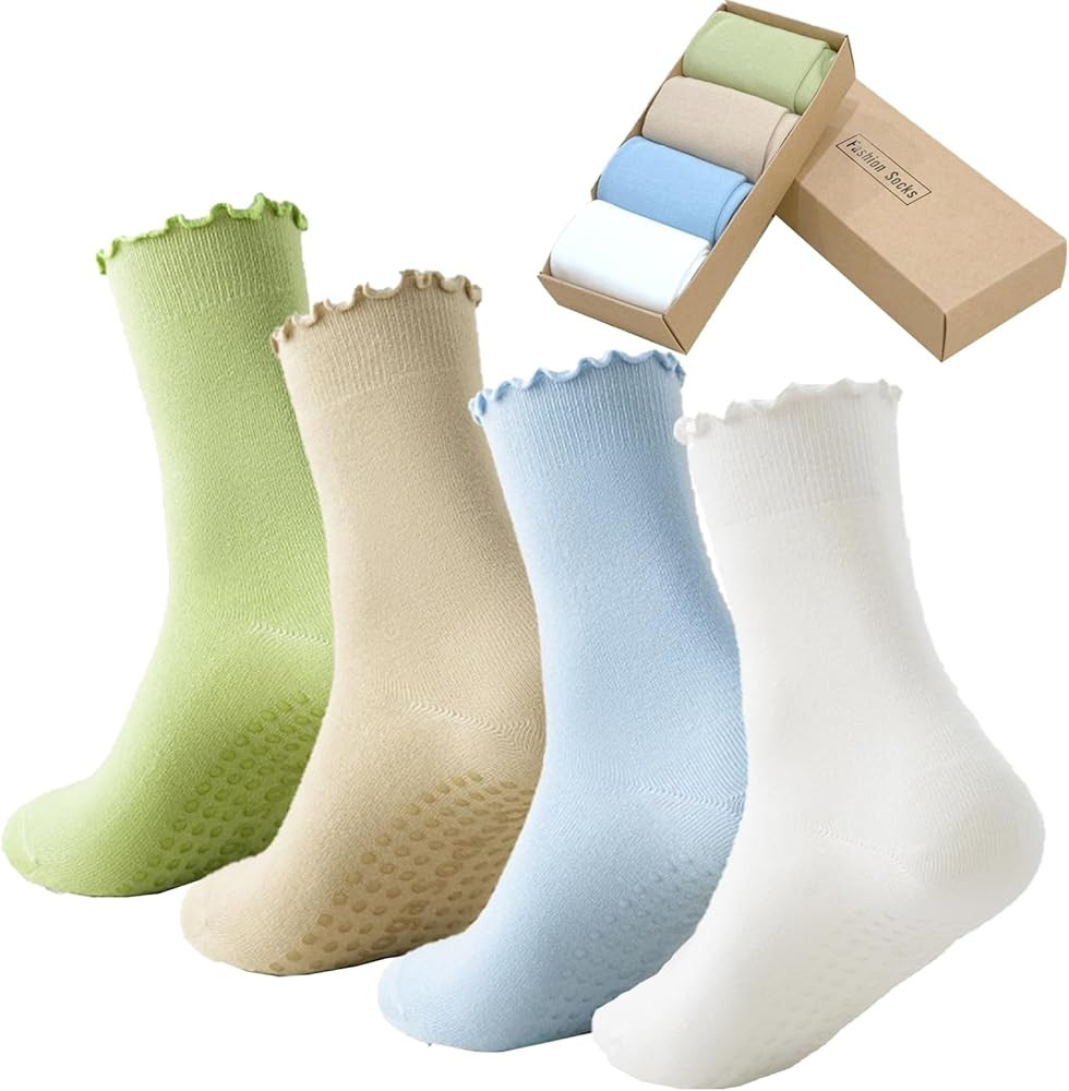 4 Pairs Ruffle Yoga Socks for Women,Cute Frilly Non-Slip Grips Socks for Pilates,Fitness,Hospital... | Amazon (US)