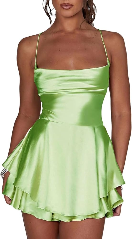 Women Sexy Backless Short Romper Satin Dress Spaghetti Strap Cross Tie-Up Jumpsuits Summer Beach Ruffle Mini Dress | Amazon (US)