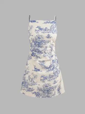 Toile de Jouy Shirred Ruched Mini Dress | Cider