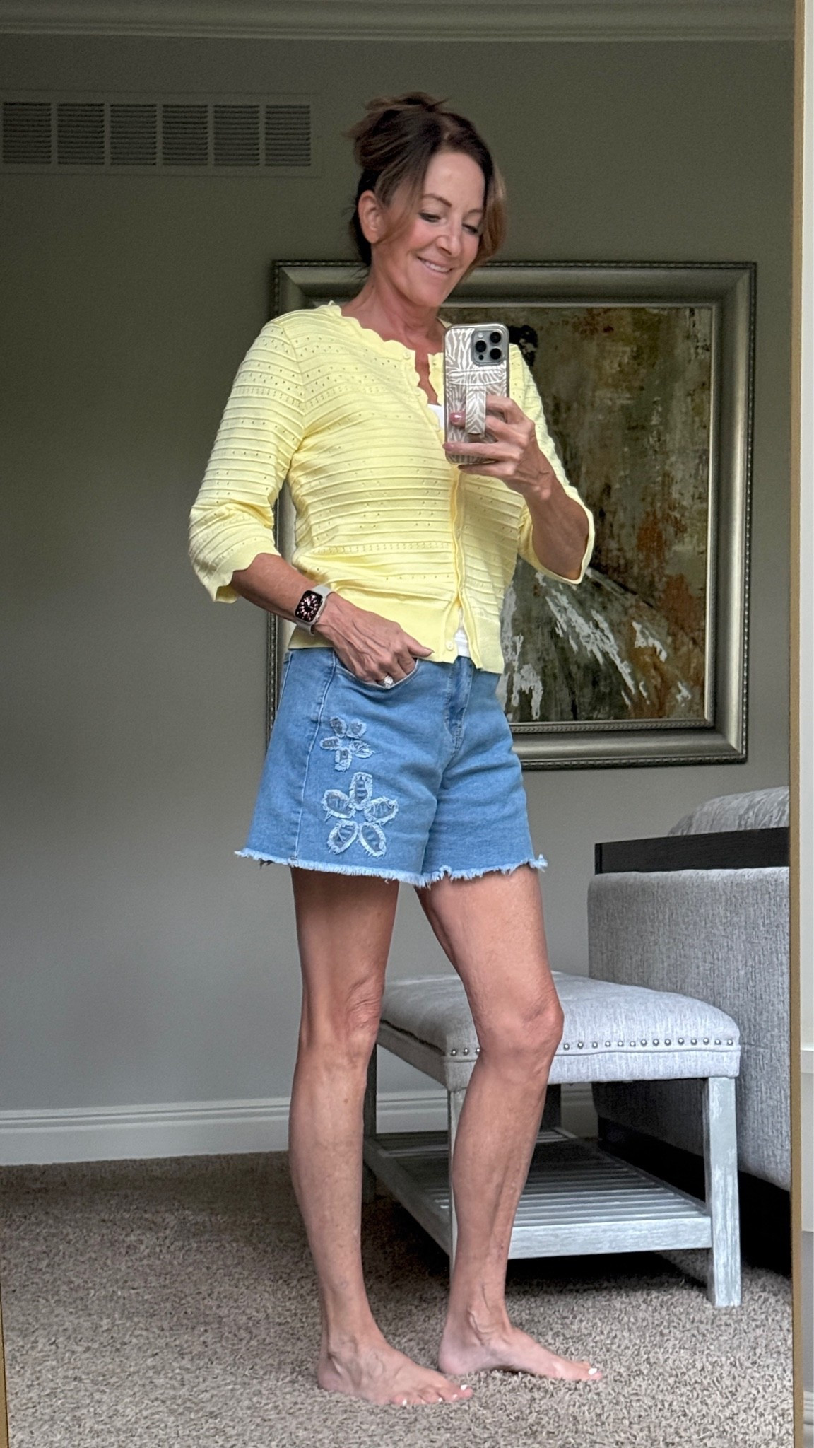 Fall is in the air, but I’m extending my summer wardrobe of denim shorts and tank top with a bright & cheery yellow cardigan. When it gets too cool for shorts I’ll switch to denim jeans ☀️