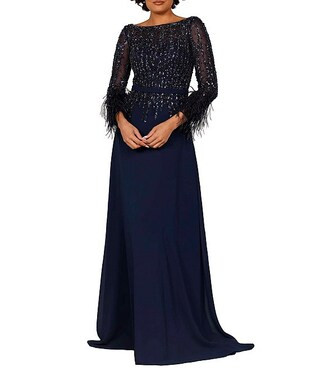 Cascade Beaded Boat Neck Feather Cuff Sleeve Belted A-Line Gown | Dillard's