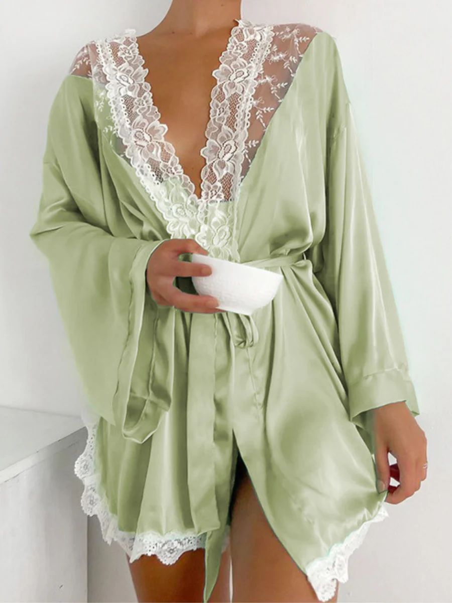 'Amber' Silk Satin Lace Robe | Kyria Lingerie