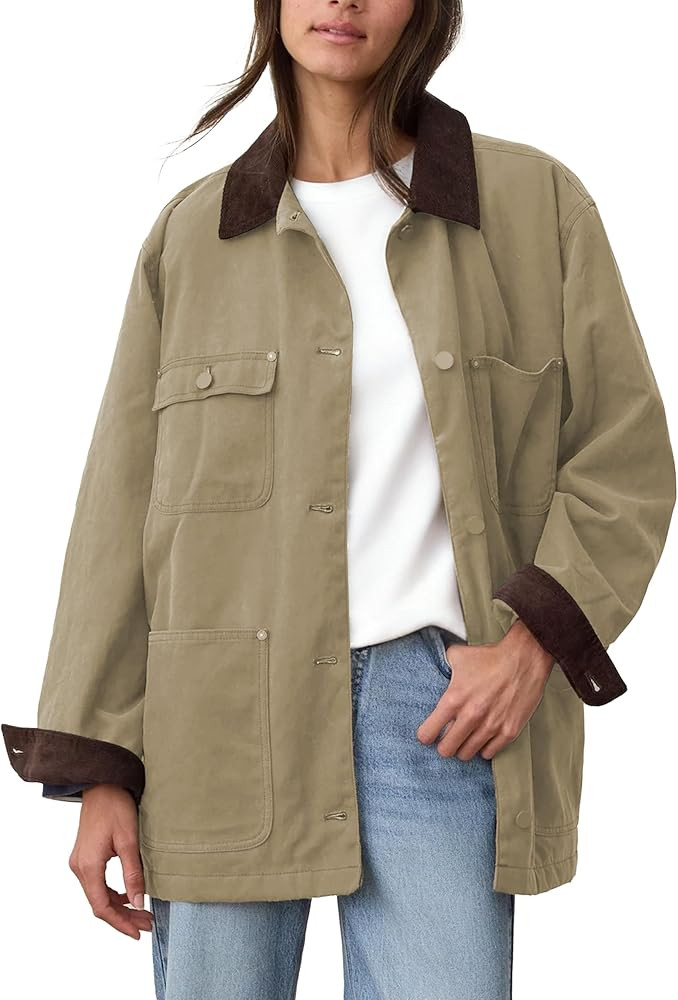 Barn Jackets for Women 2025 Fall Oversized Utility Cotton Coat Corduroy Collar Vintage Workwear w... | Amazon (US)