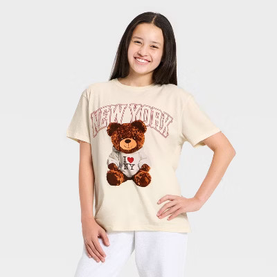 Girls' NYC Short Sleeve Teddy Bear Oversized Graphic T-Shirt - Cream | Target
