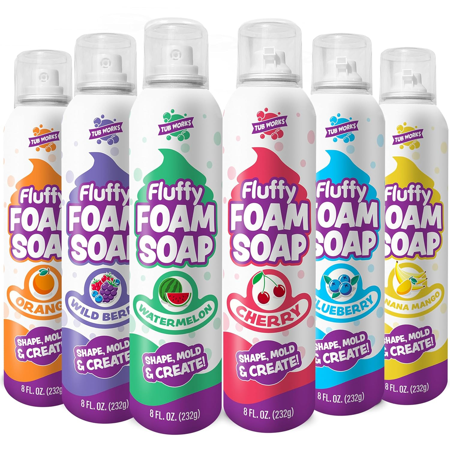 Tub Works® Fluffy Foam Soap, Variety 6 Pack | Shape, Mold & Create Bath Art with Soft Bath Foam for Kids | Gentle, Cleansing Kids Bath Soap | Easy-to-Use Spray Nozzles | Fruity, Fun Bath Colors | Amazon (US)
