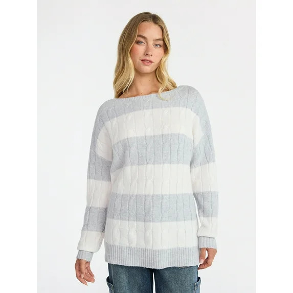 No Boundaries Boatneck Pullover Cable Knit Sweater, Lightweight, Women's | Walmart (US)