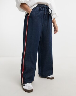 Simply Be Indigo Side Stripe Tie Waist Wide Leg Jogger Jeans | Simply Be | Simply Be (UK)