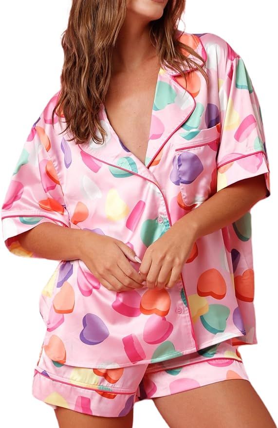 Yiulangde Women Valentine's Day Heart Pajamas Cute Pink Silk Matching Pjs Set Y2k 2 Piece Lounge ... | Amazon (US)