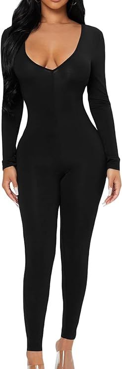 MakeMeChic Women's Long Sleeve Unitard Bodycon Jumpsuit Pants Romper | Amazon (US)