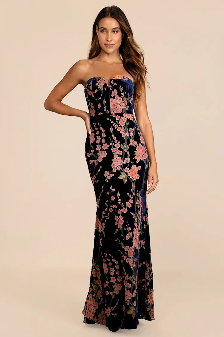 Bloom In Mind Navy Blue Floral Print Velvet Strapless Maxi Dress | Lulus