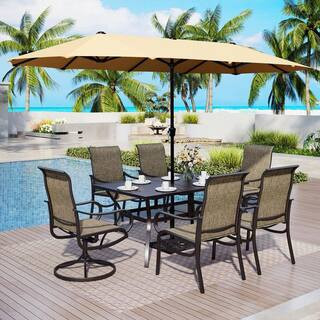 Black 8-Piece Metal Patio Outdoor Dining Set with Slat Rectangle Table, Textilene Chairs and Beige Umbrella | The Home Depot