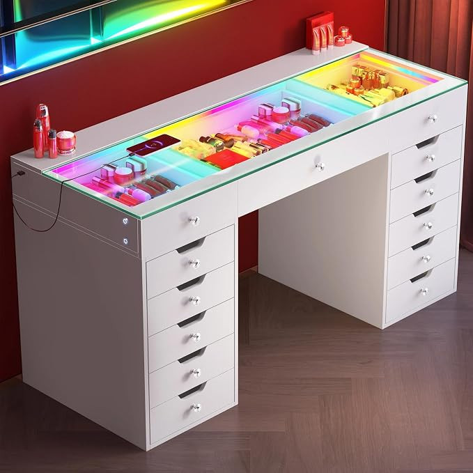 VANITII Large Vanity Desk with RGB Lights and 13 Drawers Big Makeup Vanity Table with Glass Top C... | Amazon (US)