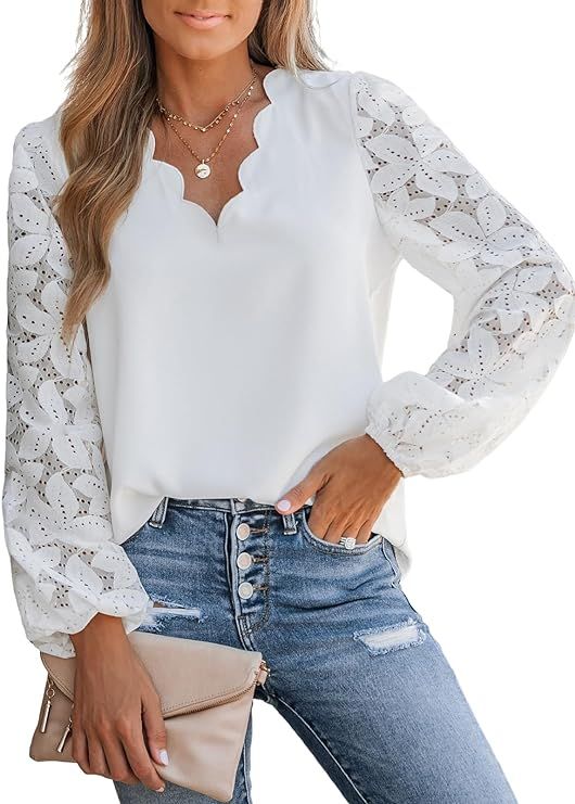 CUPSHE Women Floral Lace Scalloped Top Long Sleeve Shirts V Neck Blouses | Amazon (US)