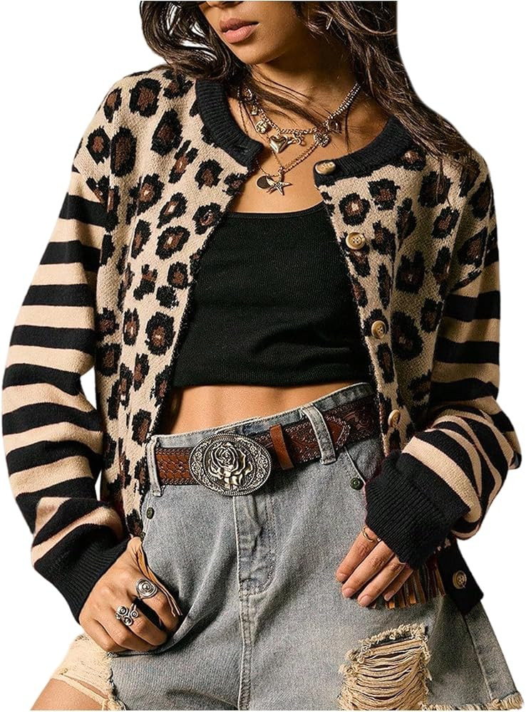 SOLY HUX Women's Leopard Cardigan Sweater Y2k Striped Colorblock Tops | Amazon (US)