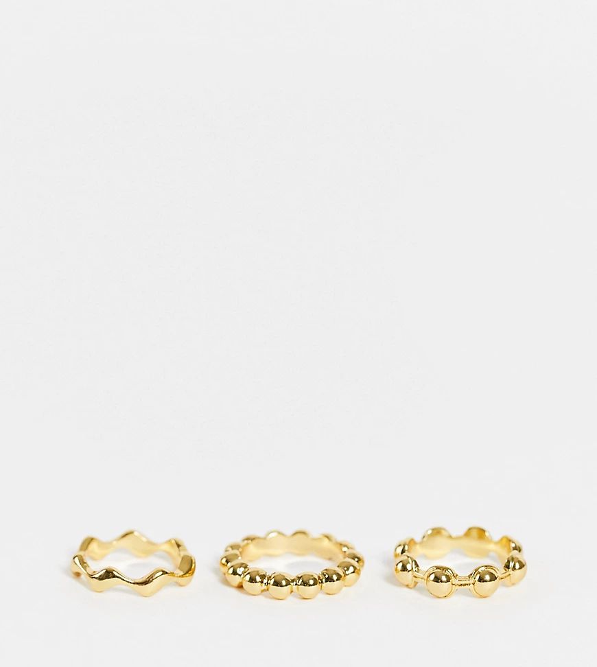 ASOS DESIGN pack of 3 14k gold plated rings in disc and wave design | ASOS (Global)