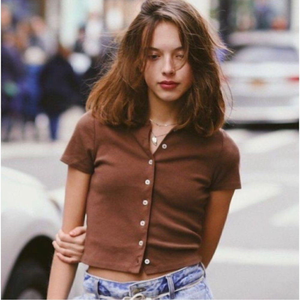 Brandy Melville Womens Brown\u205fCaroline Short Sleeve Button Front Collared Top\u205fOS | Poshmark