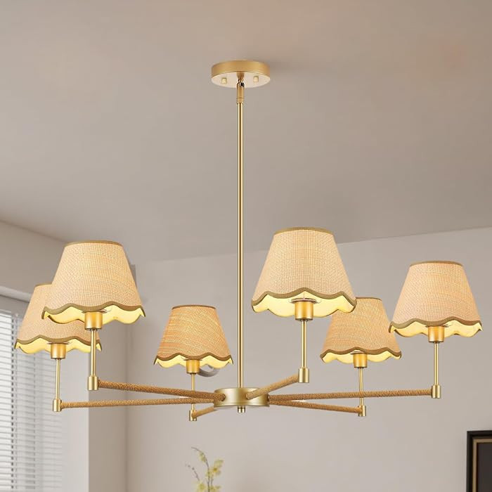 Rattan Chandelier for Dining Room, 6-Light Boho Hanging Light Fixture with Woven Shades, Brushed ... | Amazon (US)