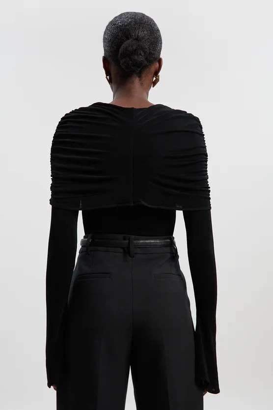 Drapey Crepe Detail Flare Sleeve Bodysuit | Karen Millen US