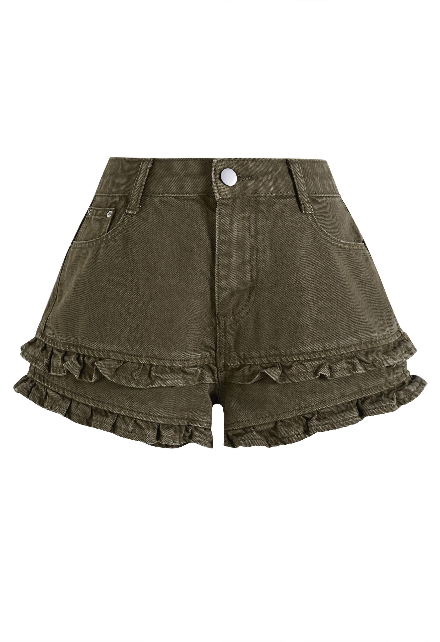 Tiered Ruffle Hem Denim Shorts in Army Green for Beach Trips & Shopping Days | Chicwish
