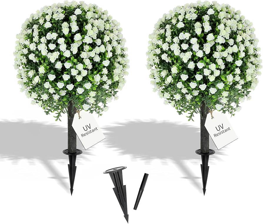 27.2" Artificial White Rose Topiary Set of 2 with Spike, Fake Plants Boxwood Ball Greenery Shrubs... | Amazon (US)