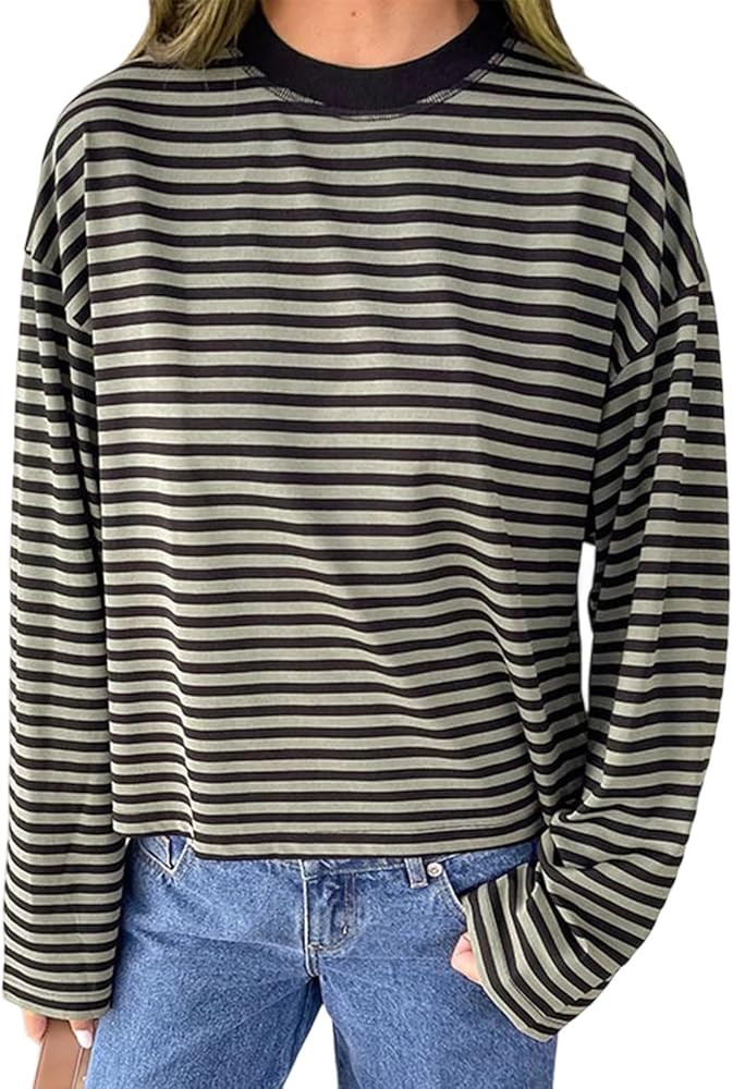 Striped Long Sleeve Shirt Women Y2k Oversized Crewneck Vintage Tops Fall Winter Drop Shoulder Cut... | Amazon (US)