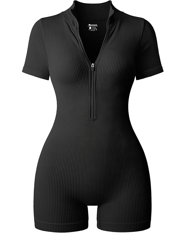 OQQ Women Rompers Ribbed Short Sleeve Zip Front Stretch Tummy Control Yoga Workout Rompers | Amazon (US)