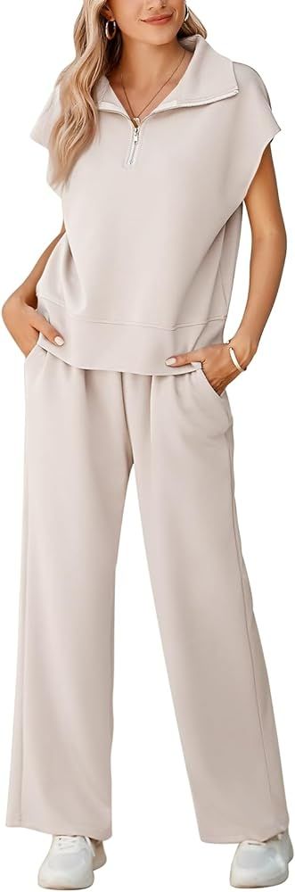 Pink Queen Womens Two Piece Outfits Sleeveless Pullover Tops and Wide Leg Pants Half Zip Jogger L... | Amazon (US)