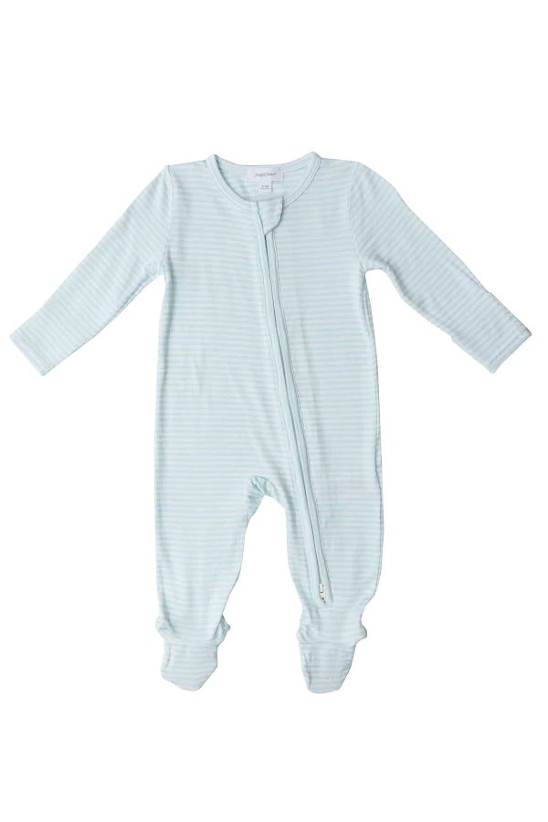 Bunny Stripe Blue Two Way Zipper Footie | The Frilly Frog