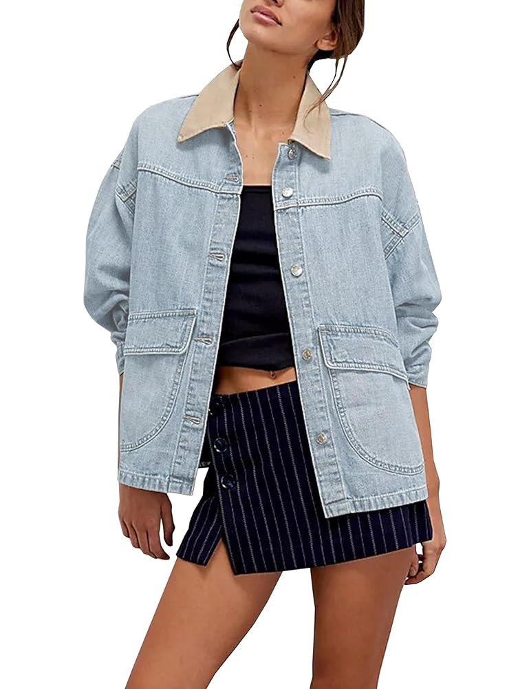 Lumister Women's Oversized Denim Jacket with Contrast Trim Long Sleeve Button Down Jean Coat with... | Amazon (US)