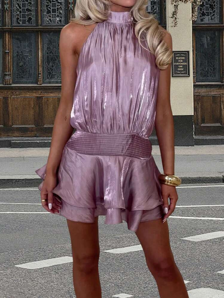 Women's Summer Halter Dress Mini Tank Dress Sleeveless Open Back Ruffle Tiered Layered Chiffon Pleated A Line Swing Short Party Dress | SHEIN