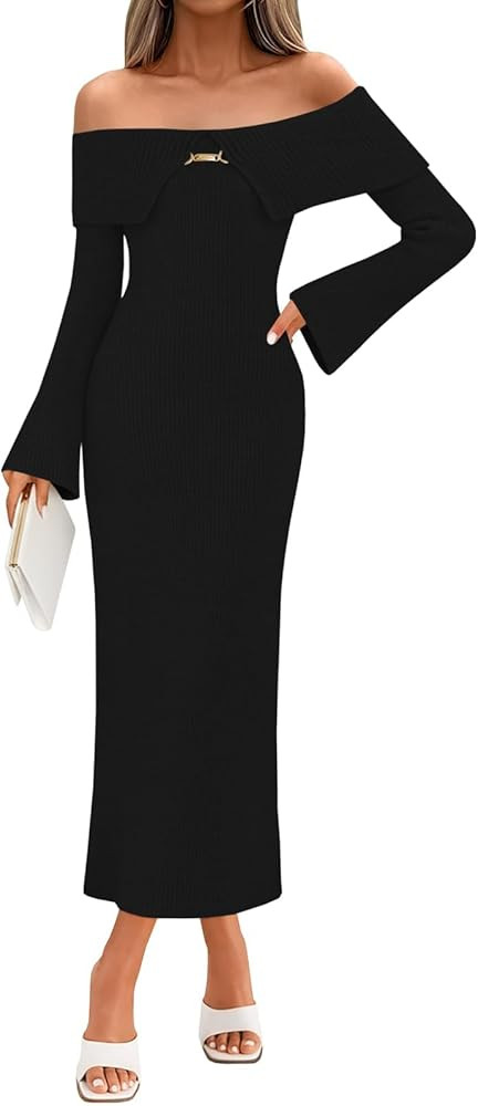 Saodimallsu Womens Off The Shoulder Maxi Sweater Dress Long Sleeve Bodycon Elegant Ribbed Knit Fa... | Amazon (US)