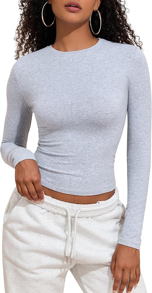 PrettyGuide Women's Cotton Jersey Long Sleeve Shirts Tight Fit Crewneck Crop Tops Basic Fall Goin... | Amazon (US)