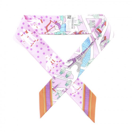 HERMES Silk Les Nouveaux Amoureux de Paris Twilly Rose Buvard White Vert | Fashionphile