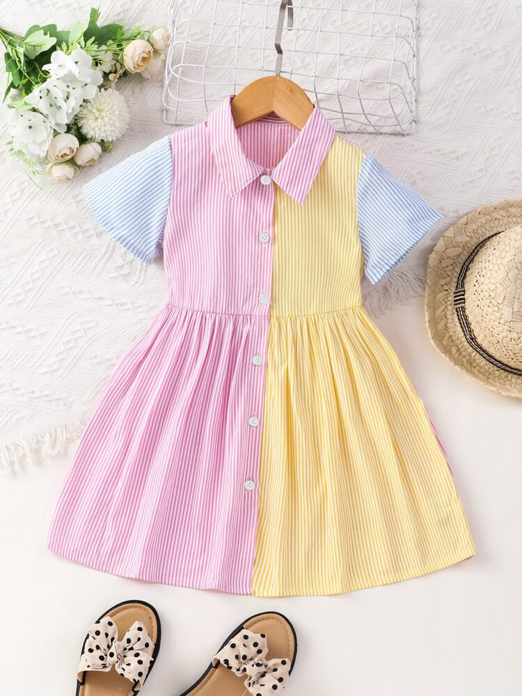 Toddler Girls Colorblock Striped Dress Shirt Dress | SHEIN