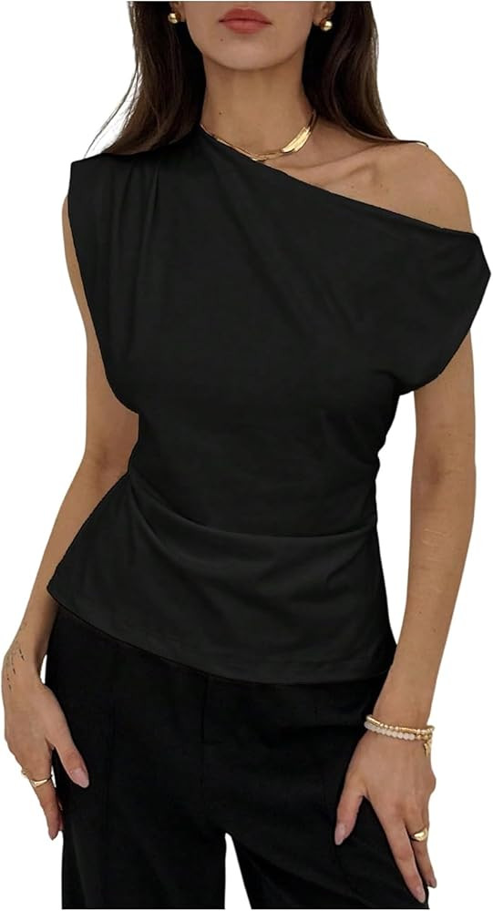 MakeMeChic Women's Summer Off The Shoulder Asymmetrical Tank Top Cinched Waist Tie Back Business ... | Amazon (US)