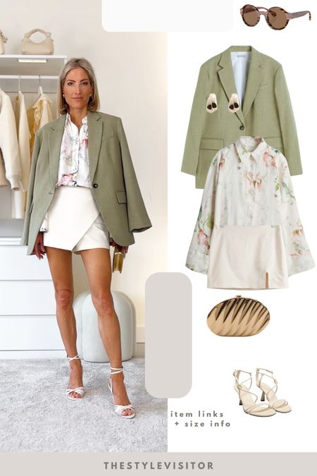 Date night outfit idea - skort is old so linked a similar skirt! 

‼️Don’t forget to tap 🖤 to add this post to your favorites folder below and come back later to shop

Make sure to check out the size reviews/guides to pick the right size

Date night look, , spring outfit, short trench coat, cropped trench coat, floral blouse, floral shirt, green blazer, summer jacket, strappy heels 

#LTKstyletip #LTKeurope #LTKSeasonal