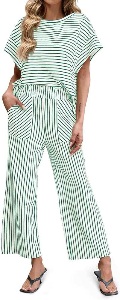Tankaneo Womens Striped 2 Piece Sets Short Sleeve T Shirts Wide Leg Pants Matching Lounge Set wit... | Amazon (US)