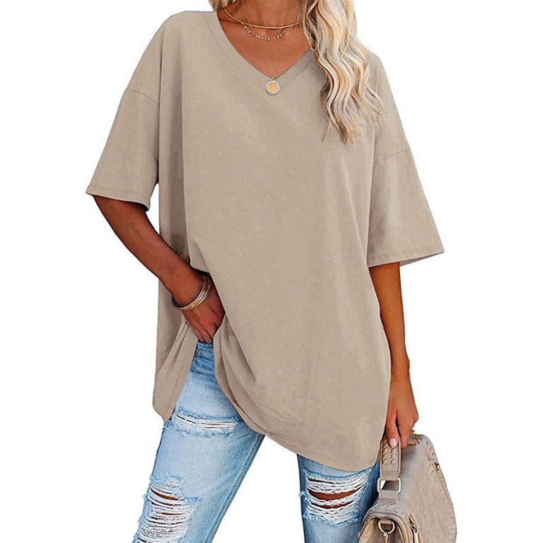 Auburet Women's Oversized T Shirts Half Sleeve V Neck Comfy Tunic Tops - Walmart.com | Walmart (US)